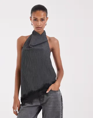 BRONZE SNAKE halterneck top with lace in black pinstripes