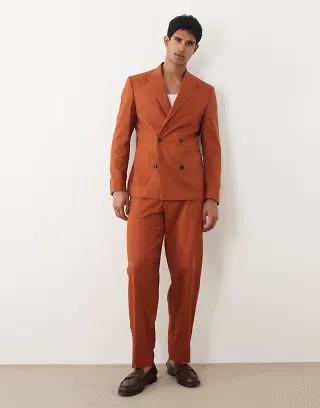ASOS DESIGN 100% cotton linen look regular fit double breasted suit set in burnt orange