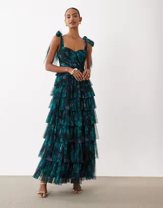 Lace & Beads Bridesmaid bow shoulders tulle maxi dress in dark green floral