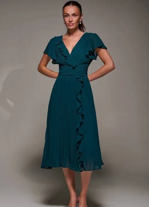 Jolie Moi Women's Pleated Ruffle Chiffon Midi Dress