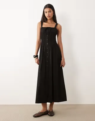 Wednesday's Girl milkmaid button detail dress in black