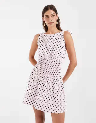ASOS DESIGN polka dot shirred waist mini dress in pink and brown