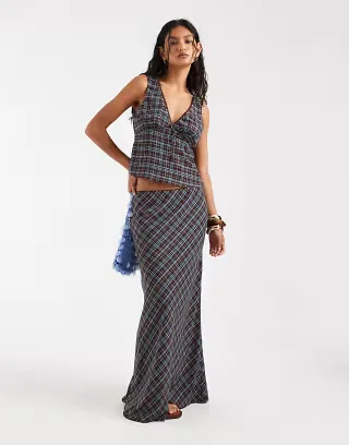 Kiss the Sky v-neck chiffon top in blue plaid - part of a set
