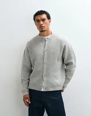 ASOS DESIGN oversized knit wool blend ribbed crew neck cardigan in gray heather