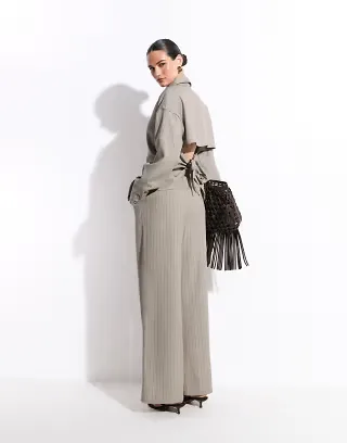 Kaiia exclusive open tie back shirt and pants set in light brown stripes