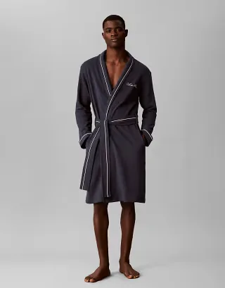 Calvin Klein waffle robe with contrast piping in navy blue