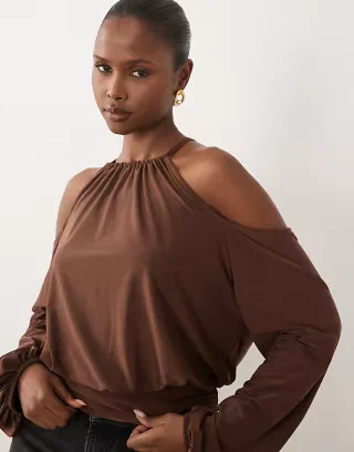 ASOS DESIGN slinky cold shoulder blouson top with balloon sleeves in chocolate