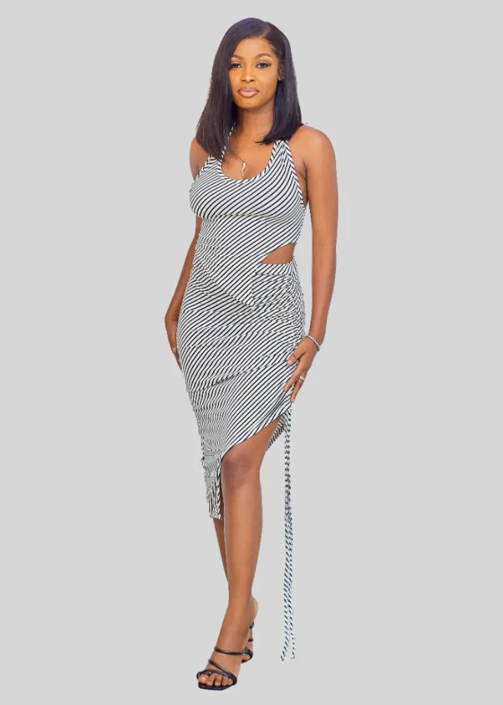STRIPED TIE NECK CROP AND DRAWSTRING SKIRT