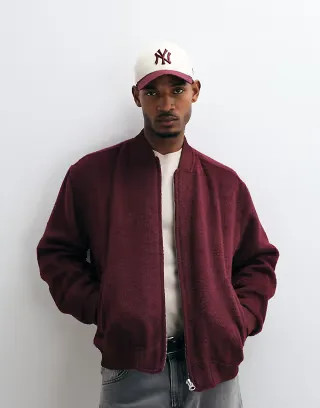 ASOS DESIGN oversized wool look bomber jacket in burgundy