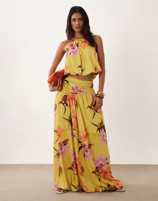 ASOS DESIGN bubble hem maxi skirt in yellow floral - part of a set