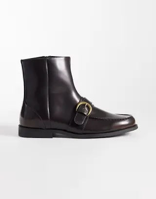ASOS DESIGN zip up boots with buckle detail in brown