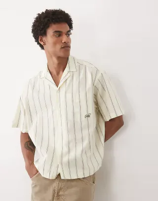 ASOS DESIGN boxy oversized striped poplin camp collar shirt with embroidery in yellow