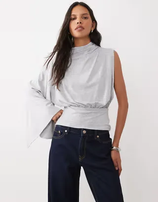 ASOS DESIGN one draped sleeve jersey top in gray