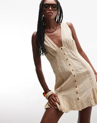 ASOS DESIGN v neck mini button down mini dress with lace trim and godets in antique cream