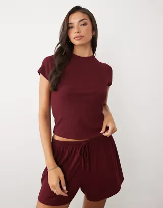 ASOS DESIGN lounge ribbed mix & match pajama baby tee in fig