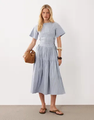 Ghospell Piper short sleeve tiered skirt midi dress in light blue striped print