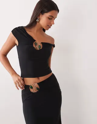 ASOS DESIGN set slinky hardware detail asymmetric top in black