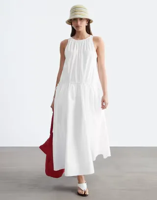 & Other Stories pure cotton trapeze midaxi dress with dropped waist in white