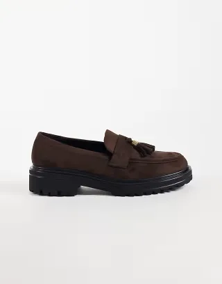 SEQWL Jeep faux suede chunky tassel loafers in chocolate brown