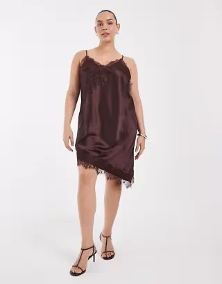 ONLY Curve asymm lace hem satin cami mini dress in chocolate