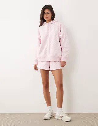 Kaiia cotton rich embroidered logo detail oversized hoodie and sweat shorts set in baby pink polka dot