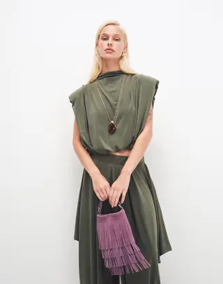 ASOS DESIGN suede tassel bucket bag in lilac with detachable cross-body strap