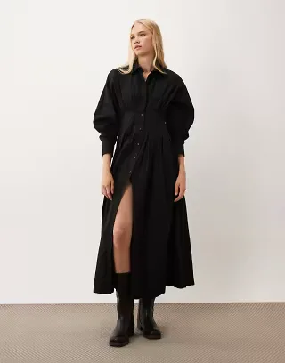 ASOS DESIGN poplin shirt maxi dress with nipped waist in black