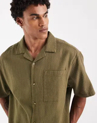 ASOS DESIGN oversized camp collar waffle shirt in green
