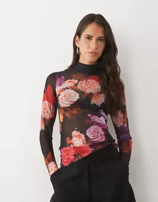 AFRM Zadie mesh high neck long sleeve top in black floral print