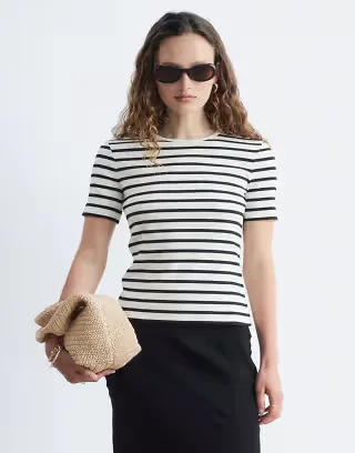 & Other Stories super soft ribbed slim T-shirt in black stripe