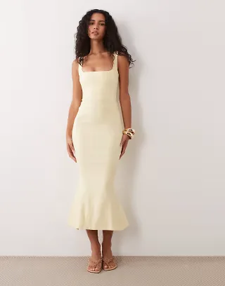 Vesper bengaline sleeveless square neck fishtail midi dress in yellow