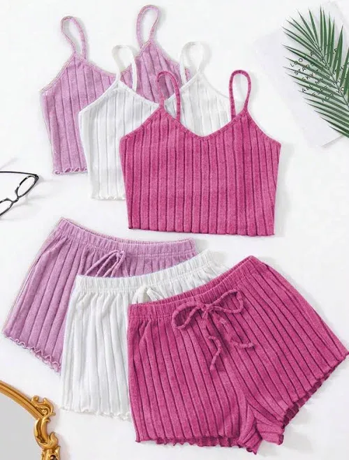 Shein Women's Solid Color Rib Knit Camisole And Shorts Pajama Set