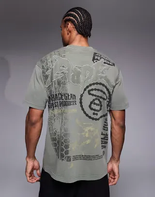 Aape by A Bathing Ape oversized t-shirt in khaki green with motocross back print