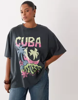 ASOS DESIGN Curve oversized T-shirt with sketchy Cuba graphic in charcoal