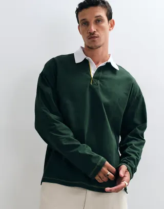 ASOS DESIGN heavyweight boxy oversized long sleeve rugby polo with step hem in dark green