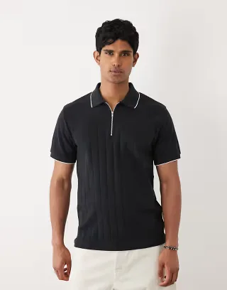ASOS DESIGN regular fit polo with zip in black wide rib