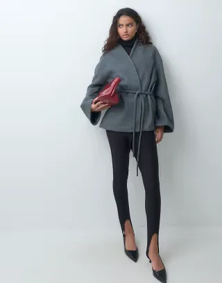 AWARE wrap front tie detail short jacket in dark gray melange