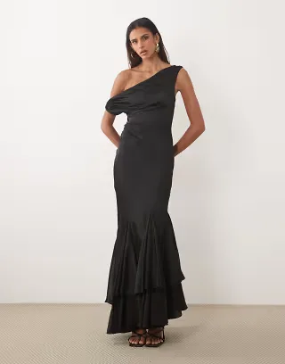 ASOS DESIGN Tall fallen shoulder midaxi dress with asymmetric godet hem in black