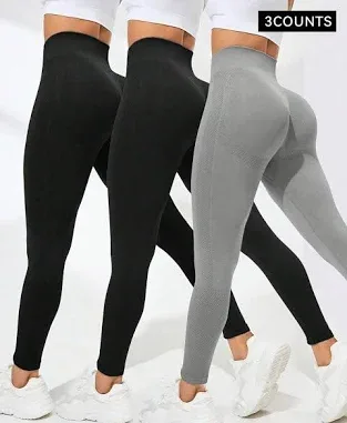 Multicolor Seamless High Waisted Leggings Women's Sports Hiking Trekking Pack 3 Skinny Fit Knitted Fabric Tummy Control