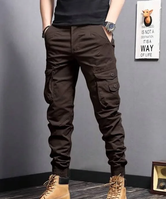 Manfinity Coffee Brown Tapered Cargo Pants Men's Trousers Work Tactical Regular Fit Woven Fabric Plain Mid Waist Casual