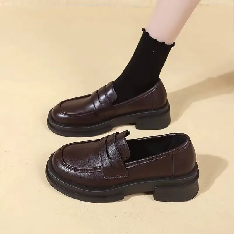 2025 Summer Japanese Style Women's Black Leather Loafers British Retro Thick Soled Perfect For JK Uniform