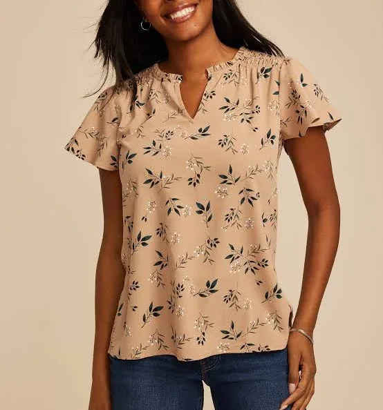 maurices Women's Floral Smocked Shoulder Flutter Sleeve Blouse