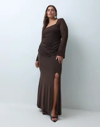 TFNC Plus lace square neck flare sleeve satin drape detail maxi dress in chocolate
