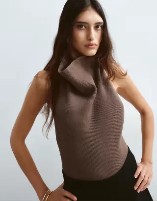 ARRANGE cowl neck knit ribbed bodysuit in mocha