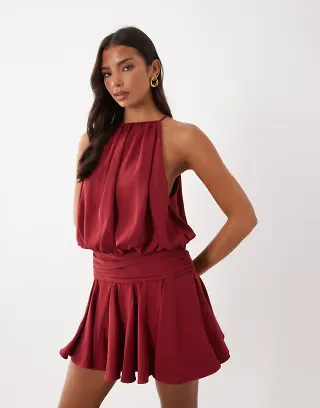 ASOS DESIGN satin high neck drop waist flippy mini dress in cherry red