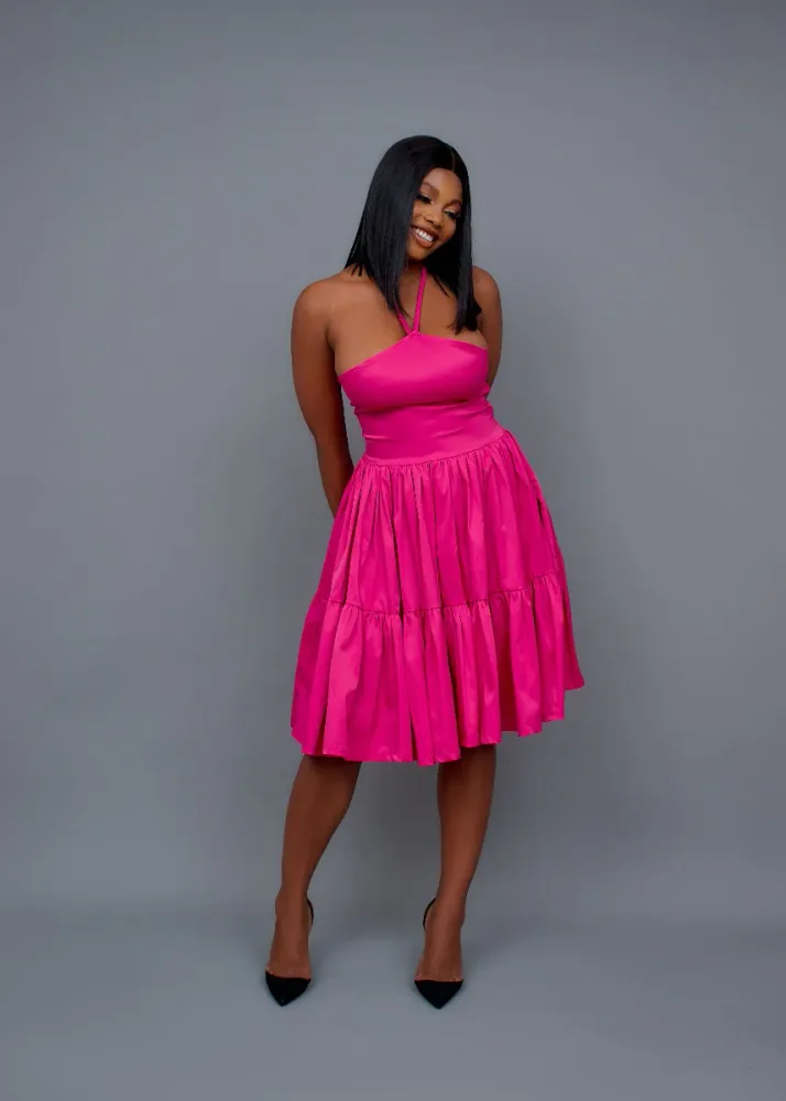 HALTERNECK DOUBLE LAYER GATHERED DRESS