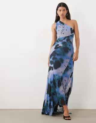 ASOS DESIGN mesh one shoulder exposed seams maxi dress with full hem in blue blur print