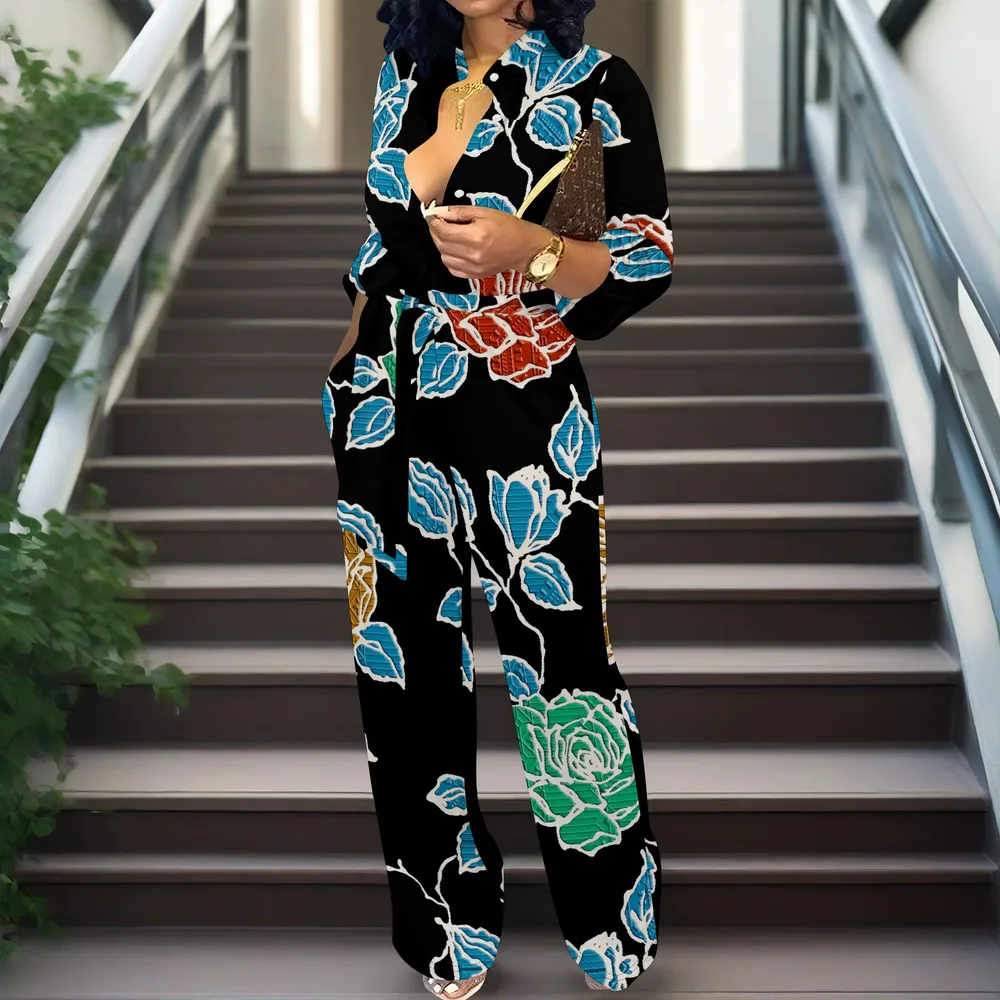 Women’s Long Sleeve Jumpsuit Colorful Leaf Print Belted Waist Loose Fit Wide Leg Casual One Piece