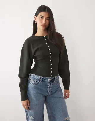 Gina Tricot knitted loungewear fitted cardigan in dark green
