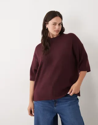 ASOS DESIGN Curve crew neck T-shirt with wool in burgundy - part of a set